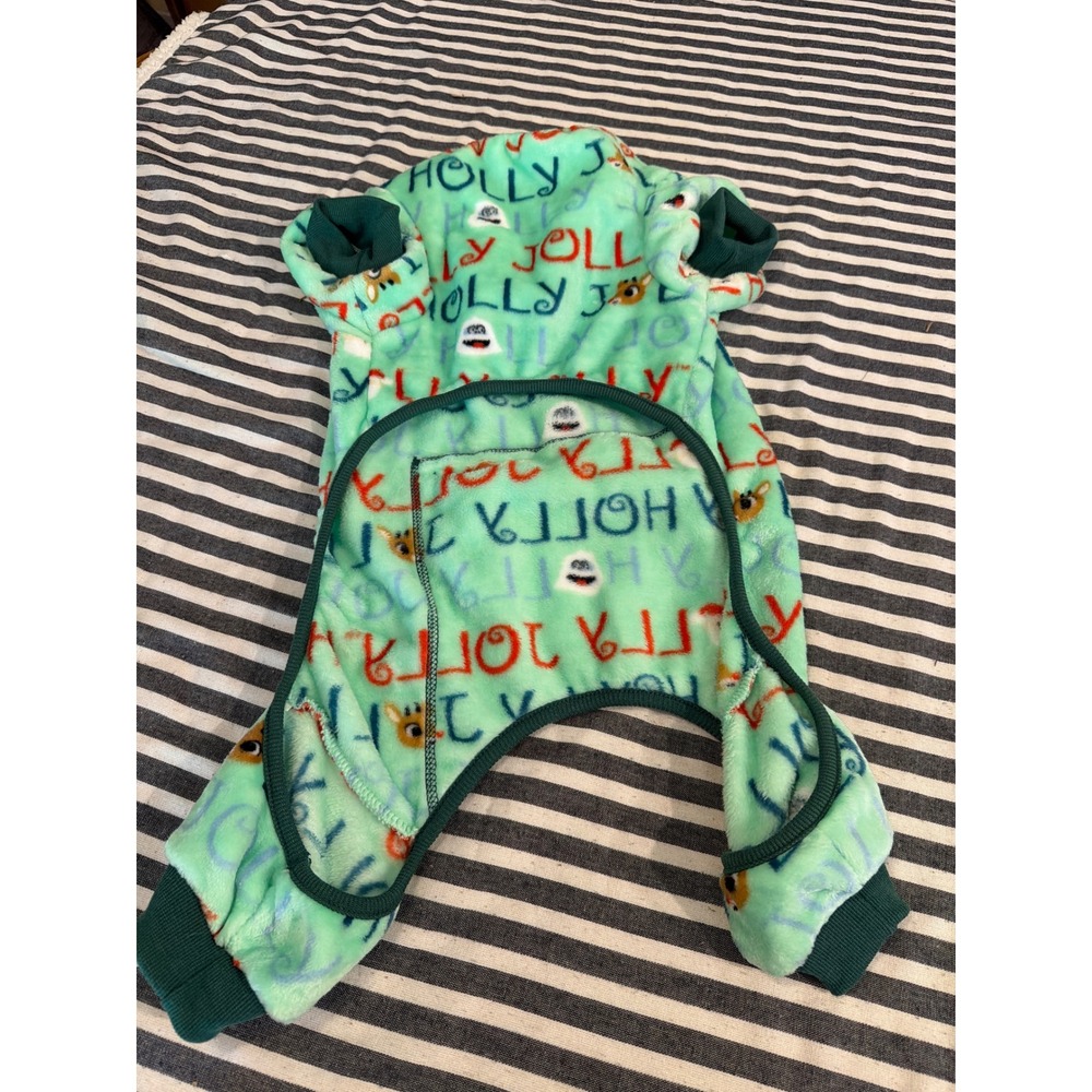 Rudolph Red-Nosed Reindeer Dog Pajamas Large Holly Jolly Fleece Pet Onesie Green - Picture 2 of 3
